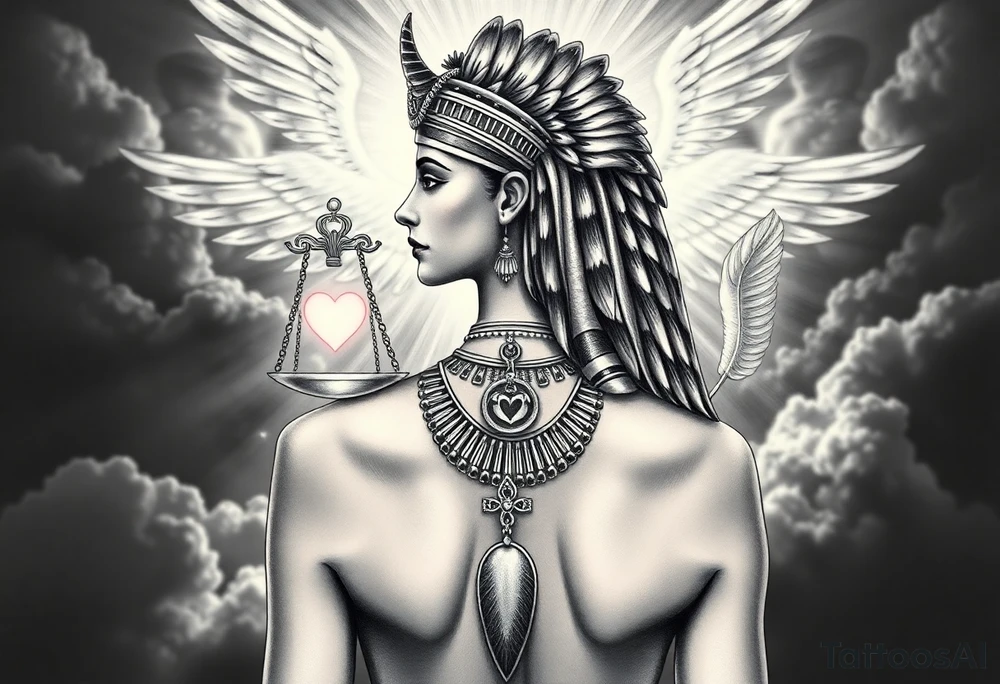Beautiful Egyptian goddess and elegant body, depicted as a regal woman with an ostrich feather headdress, and intricate ancient Egyptian jewelry such as the Anhk necklace. Background includes something similar to heaven. Incorporate the Scales of Justice—one side holding a heart, the other Ma’at’s feather—glowing with ethereal energy. Emphasize dramatic lighting, deep shadows, and surreal, mystical atmosphere tattoo idea