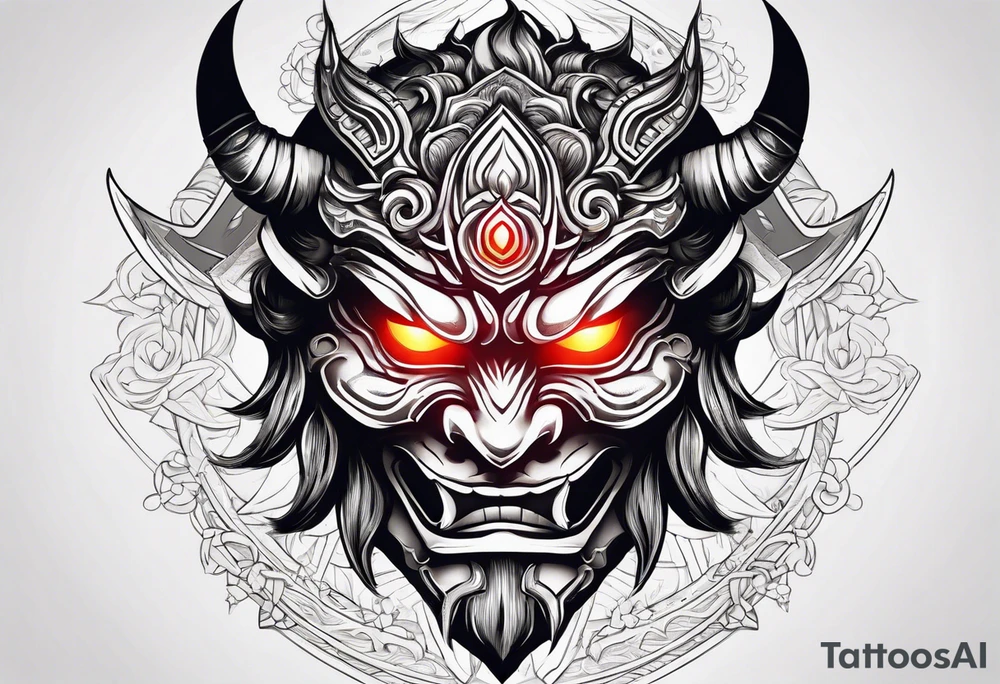 Oni mask with glowing eyes with two swords tattoo idea