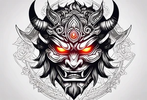 Oni mask with glowing eyes with two swords tattoo idea
