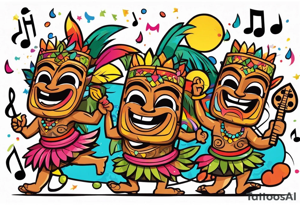 tiki party with dancing tiki guys and sexy tiki girls with music notes and confetti tattoo idea