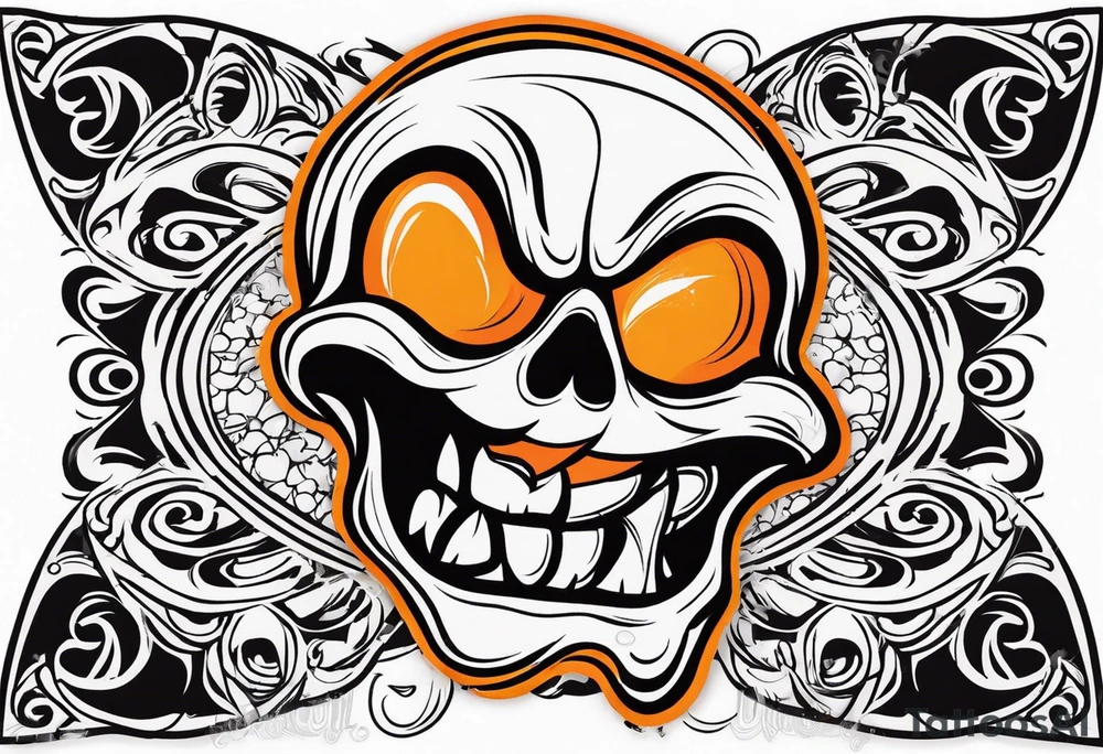 skull laughing black and orange tattoo idea