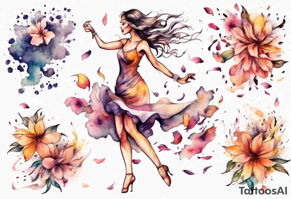 One Very feminine woman dancing in a wind of flower petals tattoo idea