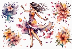 One Very feminine woman dancing in a wind of flower petals tattoo idea