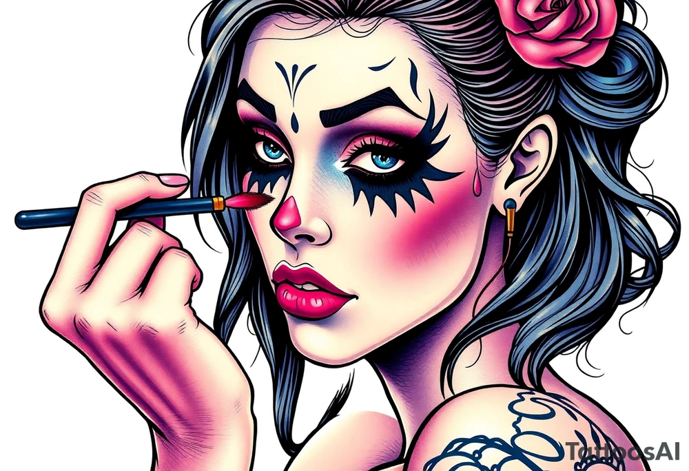 Young woman putting scary make up on tattoo idea