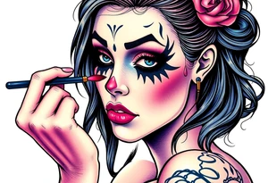 Young woman putting scary make up on tattoo idea