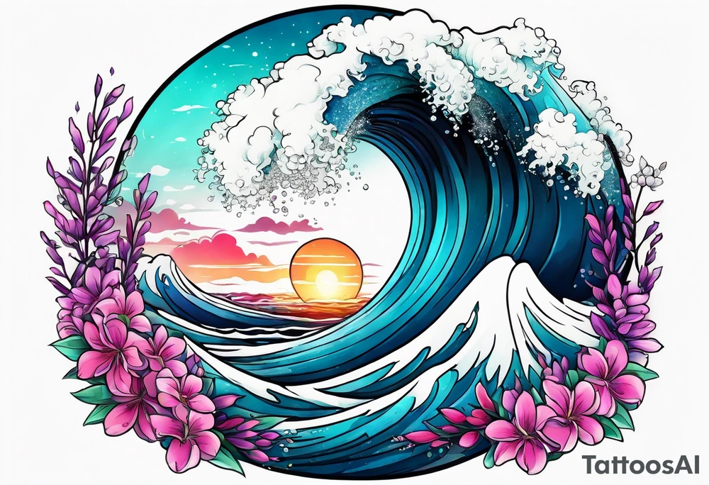 ocean wave surrounded by lupin and fireweed tattoo idea