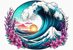 ocean wave surrounded by lupin and fireweed tattoo idea