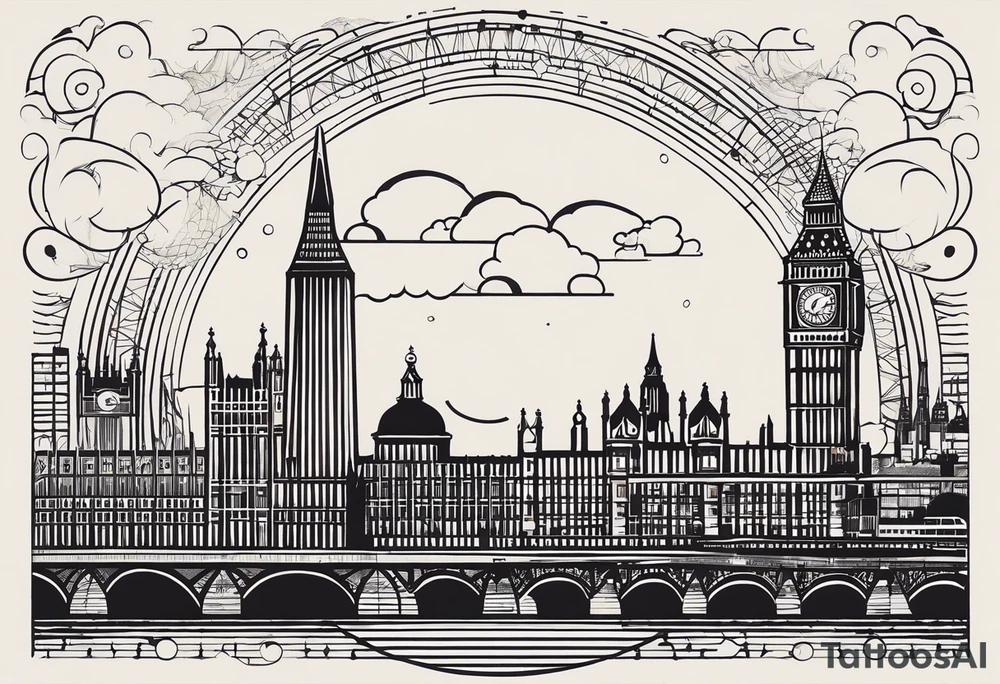 A minimalistic, abstract design capturing the architectural essence and vibe of London. Key elements of London’s skyline and structure are hinted at with clean lines, and subtle detailing includes personal touches, like a nod to Feid’s signature look (hat, glasses, mustache), integrated discreetly to honor a memorable concert experience. tattoo idea