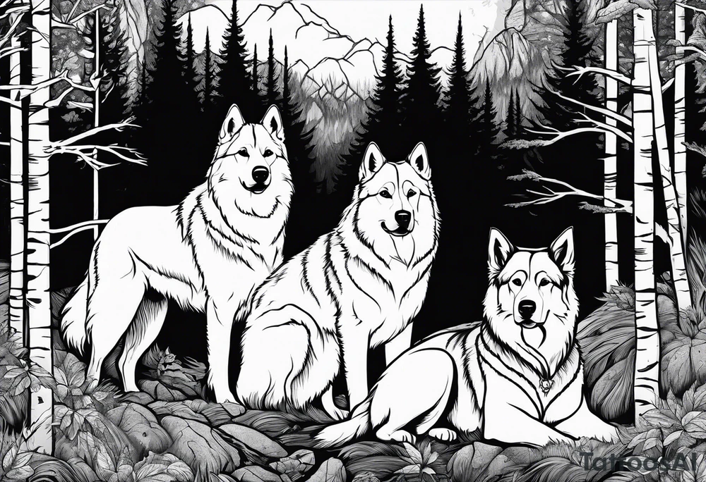 two norwegian elkhounds guarding a dark forest against a bear tattoo idea