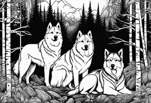two norwegian elkhounds guarding a dark forest against a bear tattoo idea