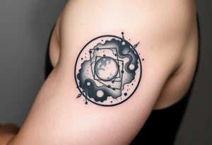 A galaxy themed tattoo, bordered with a oval shaped frame tattoo idea