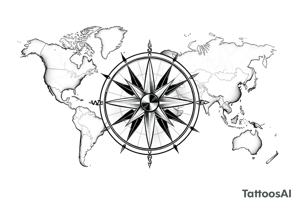 antique compass rose overlaid on weathered world map with sailing ships tattoo idea