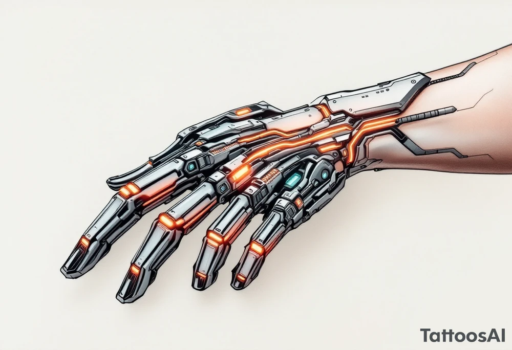 A high-tech cybernetic hand with transparent panels revealing glowing orange hydraulic lines and microchips embedded in titanium bones. tattoo idea