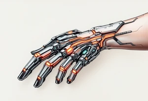 A high-tech cybernetic hand with transparent panels revealing glowing orange hydraulic lines and microchips embedded in titanium bones. tattoo idea