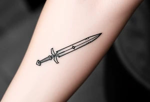 Two swords laying flat on each other with a decent design on them and with a cross or something on the handle of them tattoo idea
