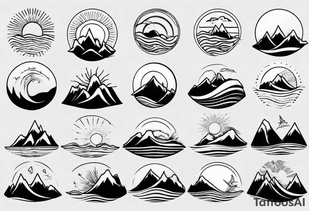 mountains, beach, waves, sun tattoo idea