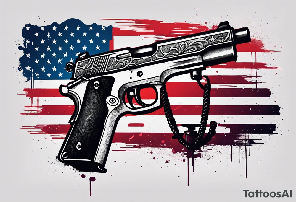 Distressed American flag behind cross with 2 guns leaned on it simple tattoo idea