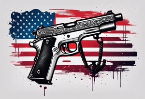 Distressed American flag behind cross with 2 guns leaned on it simple tattoo idea
