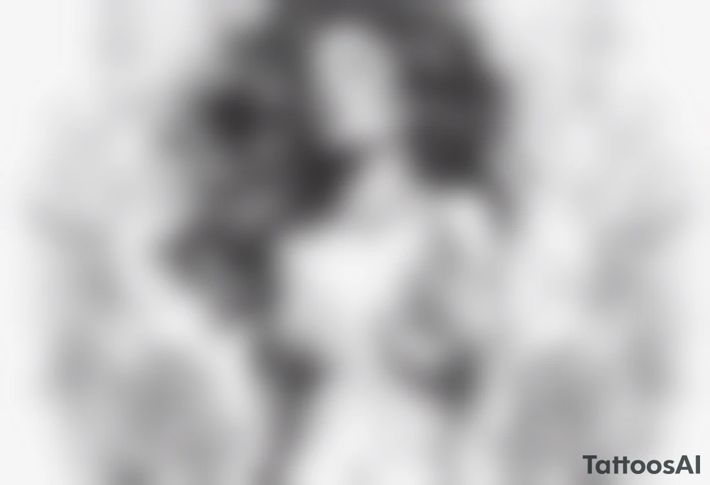 ![Image](file-service://file-28yDVXZtoOR5ZckIvEQ7gtFA)Delicate Black and white tattoo with a woman (entire body) dancing. showing that a lion (only head) is shadowing her. Use triangles and dot work. tattoo idea