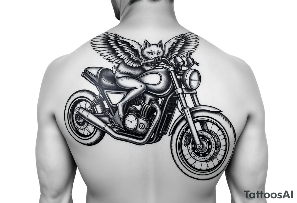 a motorcycle on it with guardian angel wolves on the bike tattoo idea