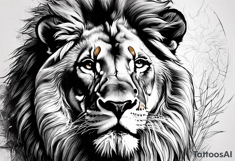 Front facing Powerful lion up close with nature in background tattoo idea Front facing Powerful lion up close with nature in background tattoo idea