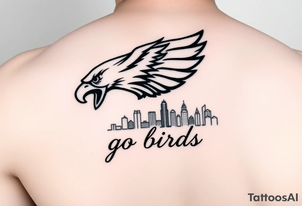 Philadelphia Eagle classic logo flying over Philadelphia city skyline with the words go Birds under it on bicep tattoo idea