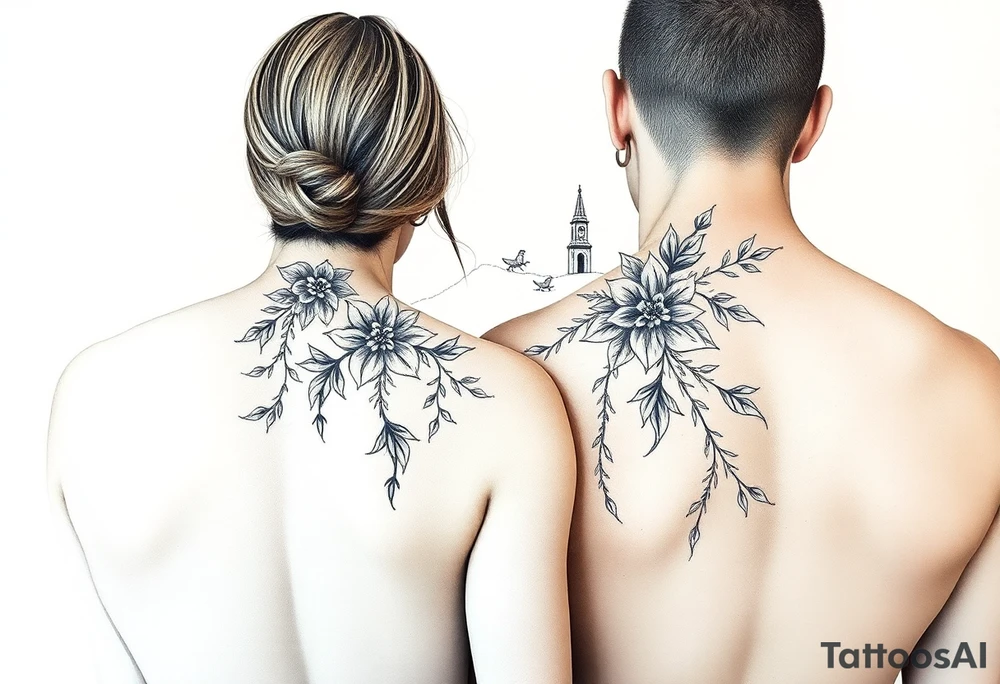 Two people setting out on a powerful new life journey to San Miguel de Allende, Mexico. Include colorful and delicate vines, ornaments, and floral accents. Please do not include images of people and the design should be abstract and colorful tattoo idea