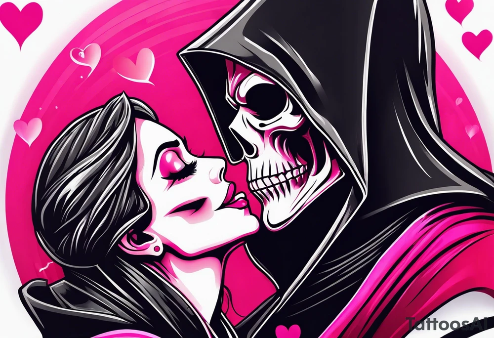 new school tattoo of a male grim reaper with black cloak kissing a female grim reaper in a bright pink cloak with small hearts in pink and red surrounding them tattoo idea