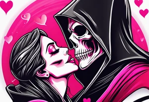 new school tattoo of a male grim reaper with black cloak kissing a female grim reaper in a bright pink cloak with small hearts in pink and red surrounding them tattoo idea