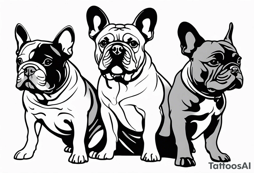 watermark of three french bull dogs tattoo idea