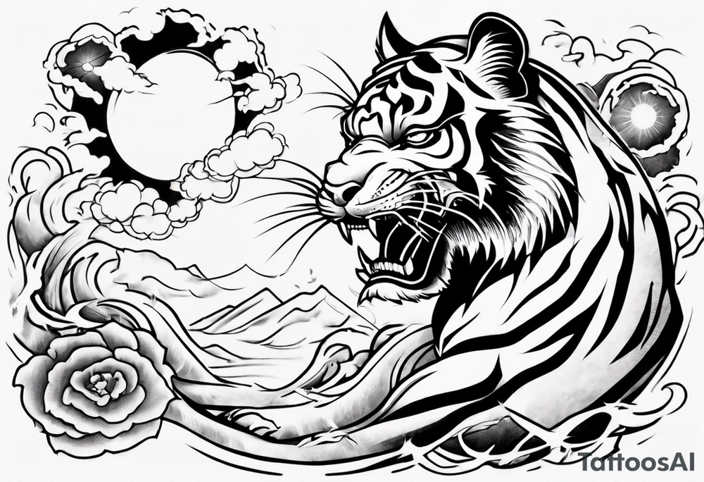 Tiger with lightning and the sun in the background for a sleeve tattoo tattoo idea