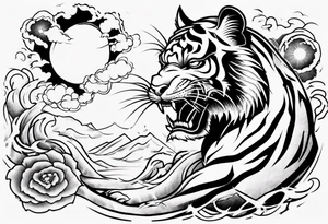 Tiger with lightning and the sun in the background for a sleeve tattoo tattoo idea