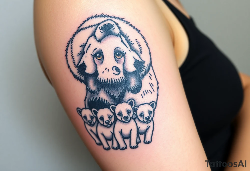 A detailed grizzly bear fiercely growling, facing outward with detailed brown eyes standing over 4 cubs 3 girls and a boy. tattoo idea
