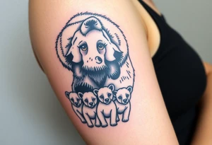 A detailed grizzly bear fiercely growling, facing outward with detailed brown eyes standing over 4 cubs 3 girls and a boy. tattoo idea