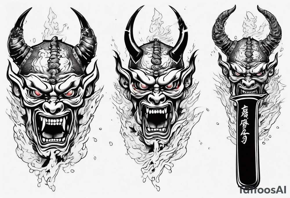 Japanese demon coming out of a knife blade tattoo idea