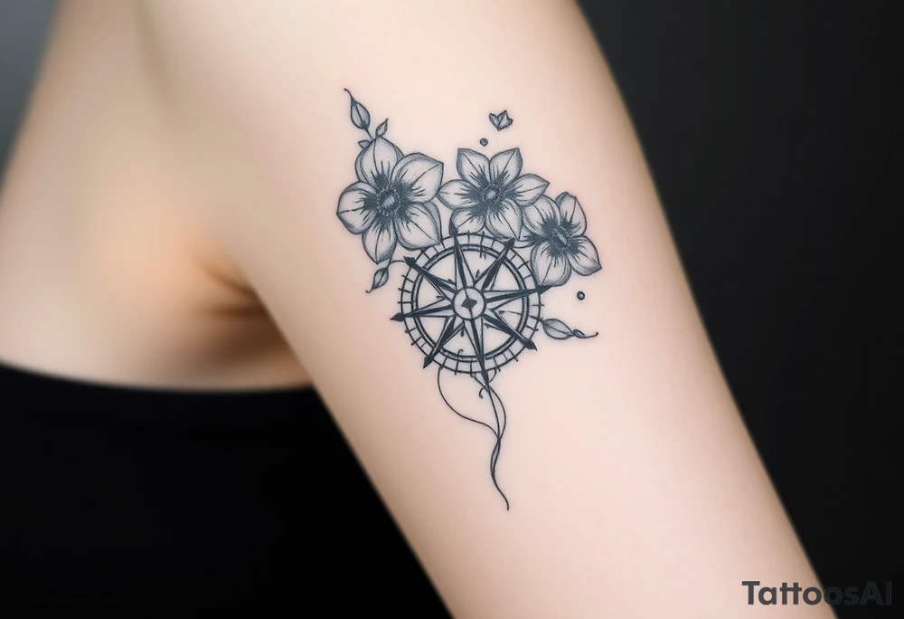 Abstract Compass with large flowers flowing above and below the compass tattoo idea