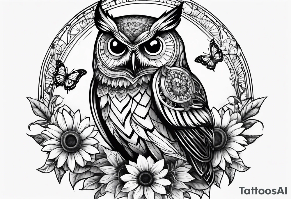 Owl with butterfly and sunflower tattoo idea