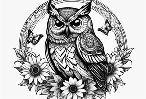 Owl with butterfly and sunflower tattoo idea