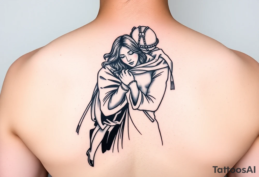 Linear tattoo for a military wife. Ukrainian soldier hugging a girl tattoo idea