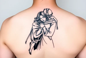 Linear tattoo for a military wife. Ukrainian soldier hugging a girl tattoo idea