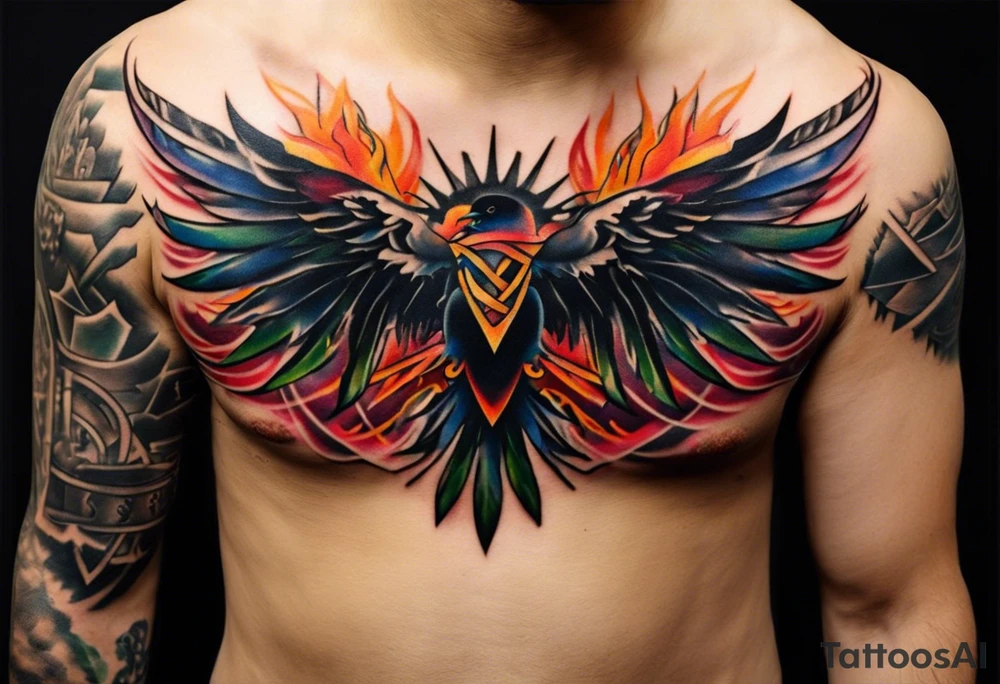 Wide tattoo that appears to be bursting out of the skin, symbolizing freedom. The tattoo should be vibrant and dynamic, with bold lines and colors that evoke a sense of liberation and empowerment. Consider incorporating elements such as broken chains, or other symbols of freedom. The tattoo should be visually striking and thought-provoking. tattoo idea