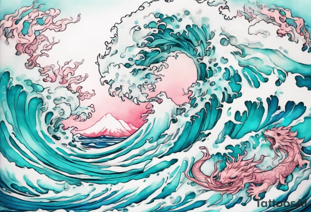 a beautiful turquoise and white and pink Scylla rising from the blue waves of the ocean tattoo idea