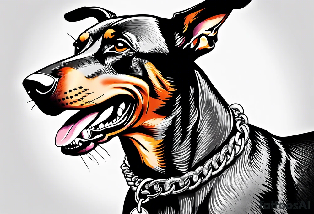 Doberman with open mouth biting
Wearing chain tattoo idea