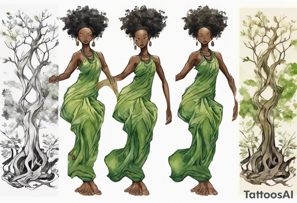 a tree trunk with roots that is a black woman from the waist up, feet made of tree roots, wearing a green tunic, arms reaching up towards the sun tattoo idea