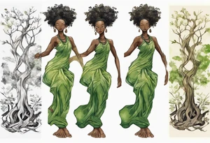 a tree trunk with roots that is a black woman from the waist up, feet made of tree roots, wearing a green tunic, arms reaching up towards the sun tattoo idea
