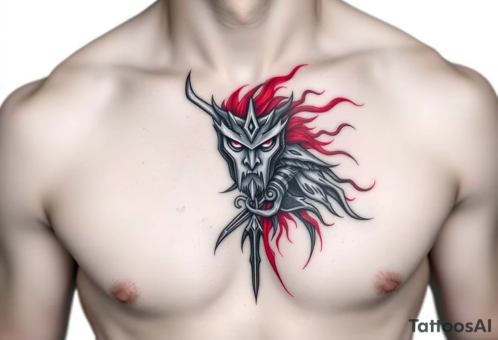 Warrior black and red on left chest male tattoo idea