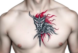 Warrior black and red on left chest male tattoo idea