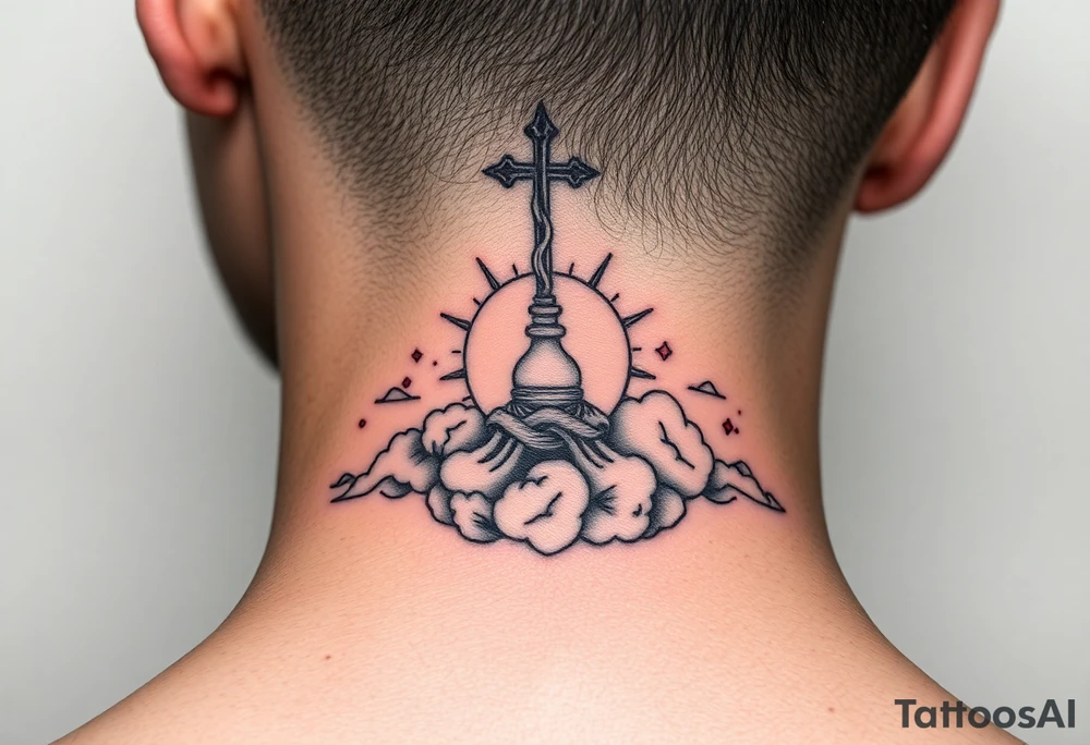 spiritual meaning objects with clouds in the background including hits of red tattoo idea