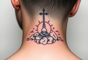 spiritual meaning objects with clouds in the background including hits of red tattoo idea