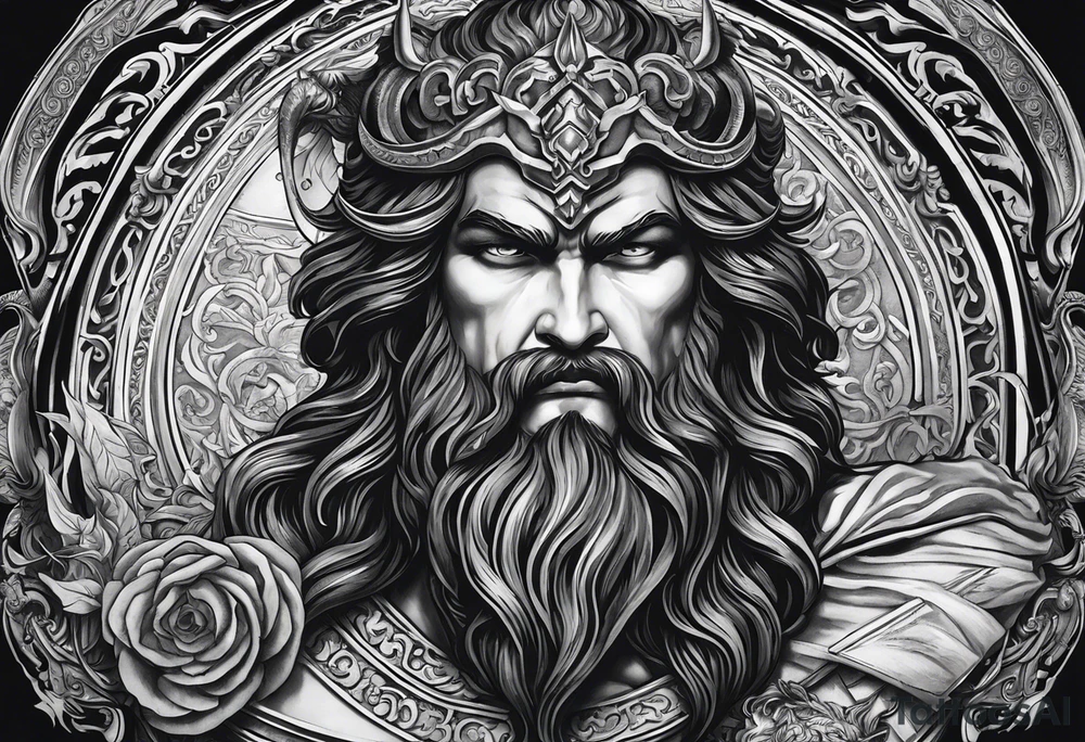 The tattoo features a highly realistic depiction of Hadès, the Greek god of the underworld, holding Cerberus, the three-headed guardian of the underworld, on a chain. Hadès is portrayed with a commanding and imposing presence. His face, marked by stern and intense eyes, exudes authority and control. His dark, flowing hair and beard are rendered with intricate details, adding texture and depth. He is draped in a richly detailed cloak that falls in realistic folds, enhancing his divine and somber demeanor. Cerberus, depicted in a dynamic and fierce pose, is shown with his three heads snarling and baring their fangs. Each head is intricately detailed with lifelike fur, sharp eyes, and menacing expressions. The three heads are chained, with the chains artistically wrapped around Hadès' hand, symbolizing his dominance over the beast. The chains themselves are depicted with realistic textures and shadows, emphasizing their weight and strength. The background remains minimalistic to keep the focus on Hadès and Cerberus. The tattoo uses detailed shading and highlights to bring out the textures of Hadès' cloak, Cerberus' fur, and the chains, capturing the dark and powerful essence of the Greek god and his fearsome guardian. tattoo idea